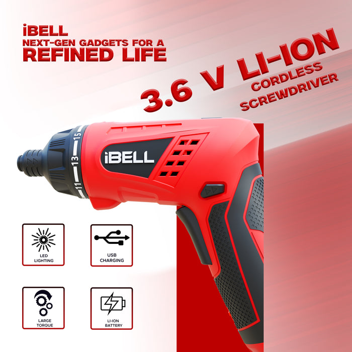iBELL MS06-16 Cordless Rechargeable Electric Screwdriver 3.6V, 1500mAh Lithium Ion Battery MAX Torque 3.5Nm, 2 Flexible Position and 16 Torque Setting, Front LED and Rear Flashlight- 6 Months Warranty