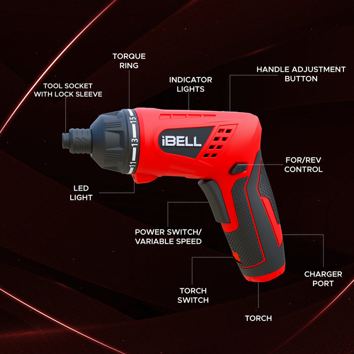 iBELL MS06-16 Cordless Rechargeable Electric Screwdriver 3.6V, 1500mAh Lithium Ion Battery MAX Torque 3.5Nm, 2 Flexible Position and 16 Torque Setting, Front LED and Rear Flashlight- 6 Months Warranty