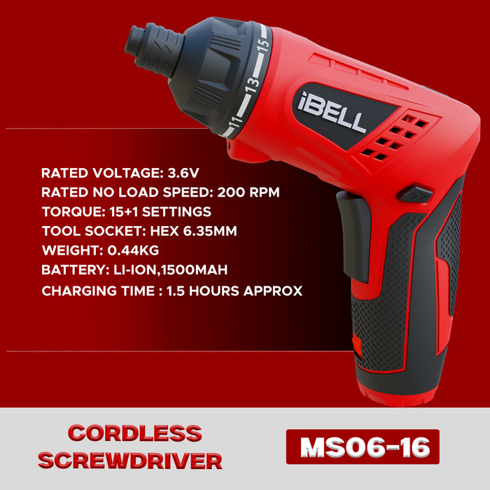 iBELL MS06-16 Cordless Rechargeable Electric Screwdriver 3.6V, 1500mAh Lithium Ion Battery MAX Torque 3.5Nm, 2 Flexible Position and 16 Torque Setting, Front LED and Rear Flashlight- 6 Months Warranty