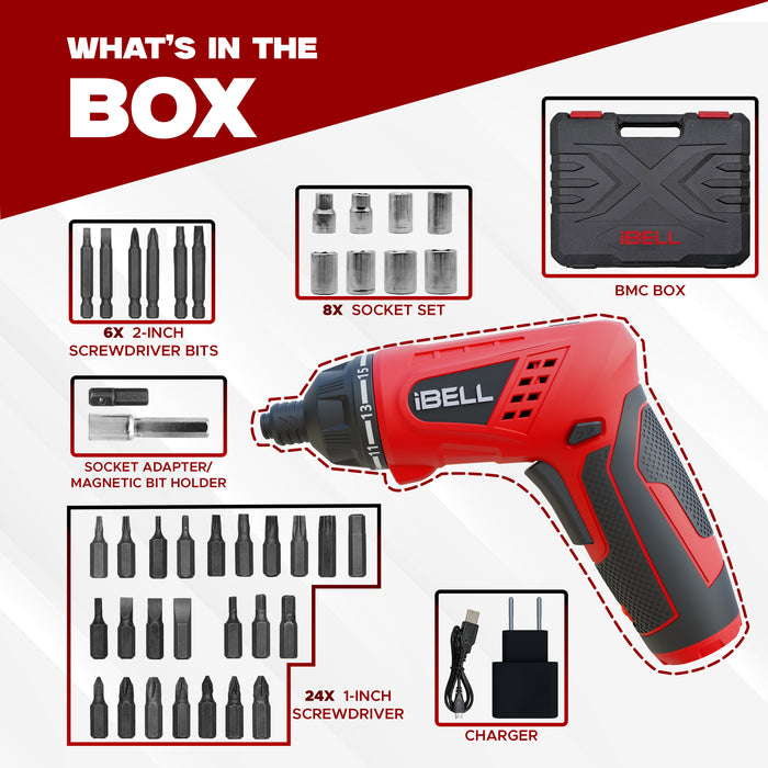 iBELL MS06-16 Cordless Rechargeable Electric Screwdriver 3.6V, 1500mAh Lithium Ion Battery MAX Torque 3.5Nm, 2 Flexible Position and 16 Torque Setting, Front LED and Rear Flashlight- 6 Months Warranty