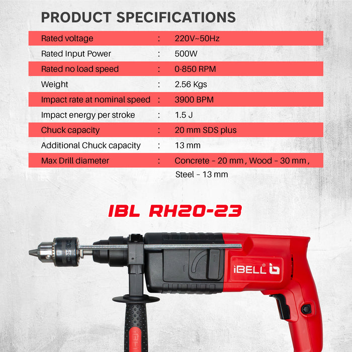 IBELL Rotary Hammer Drill Machine RH20-23, SDS Chuck,500W,850RPM,20MM