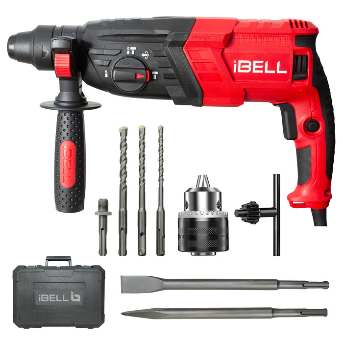 iBELL RH26-26, SDS-Plus, 26MM, 780W Heavy Duty Rotary Hammer Drill, Safety Clutch 3 Functions with Vibration Control, Chisels and Drill Bits with Case - 6 Months Warranty