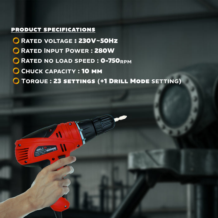 IBELL Electric Screwdriver SD12-75, 280W, Copper Armature, 750RPM, Chuck 10mm (Red)