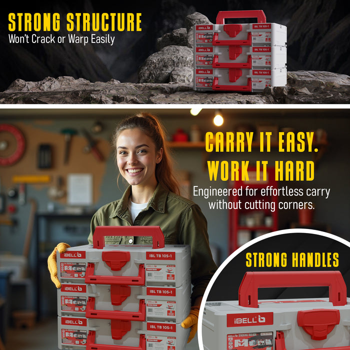 iBELL TB105-1 Stacking Multifunctional Tool Storage Box PACK OF 3 , PC+ABS plastic & 40 kg load capacity