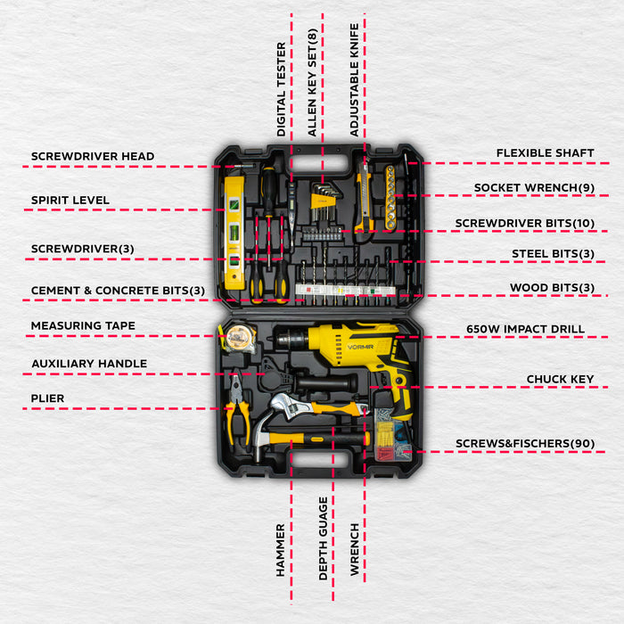 IBELL VORMIR TD13-120 650W Impact Drill Tool Kit – 13mm Keyed Chuck, Copper Armature, 2800 RPM, 145-Piece Yellow DIY, Home Repair & Maintenance Hand Tools & Accessories Set
