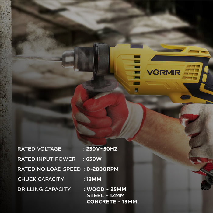 IBELL VORMIR TD13-120 650W Impact Drill Tool Kit – 13mm Keyed Chuck, Copper Armature, 2800 RPM, 145-Piece Yellow DIY, Home Repair & Maintenance Hand Tools & Accessories Set