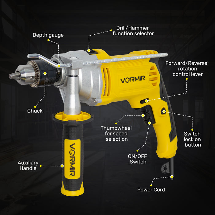 iBELL VORMIR VRID13-30 Impact Drill  – 13mm Keyless Chuck, 1100W Electric Drill, 0-3000 RPM Variable Speed, Forward/Reverse, Hammer & Rotary Function, DIY Home & Professional Power Tool,6 Months Warrenty