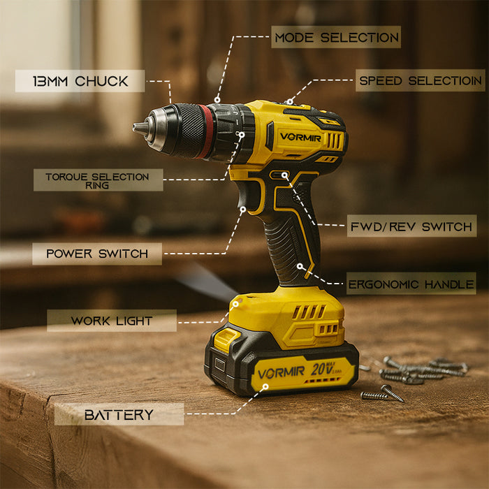 iBELL VORMIR VR BD21-45 Cordless Impact Drill | 20V Max Brushless Motor Drill Machine |Dual Speed 0-450 / 0-1450 RPM | 45Nm Torque | 13mm Keyless Chuck | Multi-Purpose Drill – Works on Wood, Steel & Concrete | with 2.0Ah Battery, Charger & BMC Box
