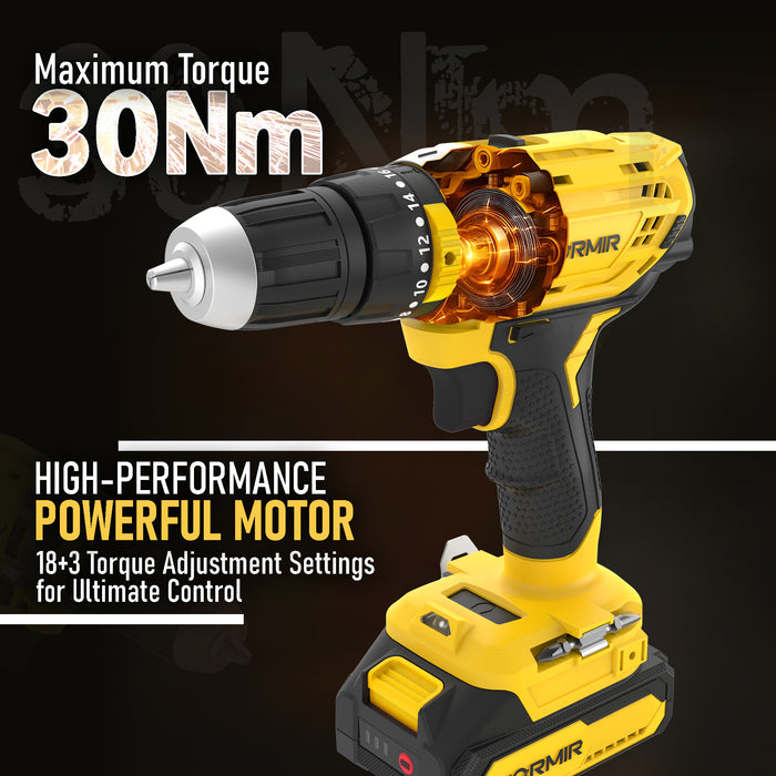 iBELL VR CD21-30 20V Max Cordless Drill Driver | 2 Modes (Drill & Impact), Dual Speed 0–450 / 1450 RPM, 30 Nm Torque, 10mm Chuck, Includes 2.0Ah Li-ion Battery & Fast Charger