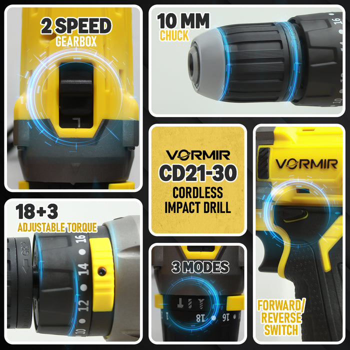 iBELL VR CD21-30 20V Max Cordless Drill Driver | 2 Modes (Drill & Impact), Dual Speed 0–450 / 1450 RPM, 30 Nm Torque, 10mm Chuck, Includes 2.0Ah Li-ion Battery & Fast Charger