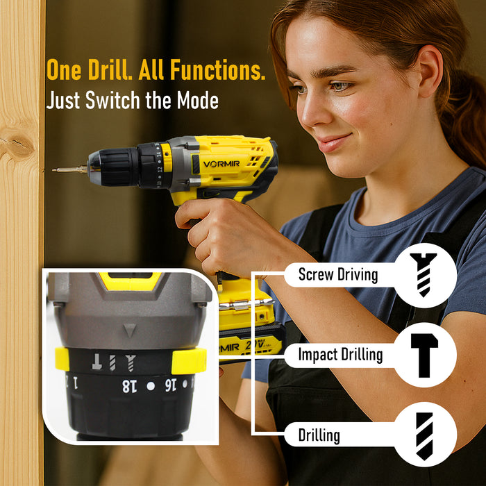 iBELL VR CD21-30 20V Max Cordless Drill Driver | 2 Modes (Drill & Impact), Dual Speed 0–450 / 1450 RPM, 30 Nm Torque, 10mm Chuck, Includes 2.0Ah Li-ion Battery & Fast Charger