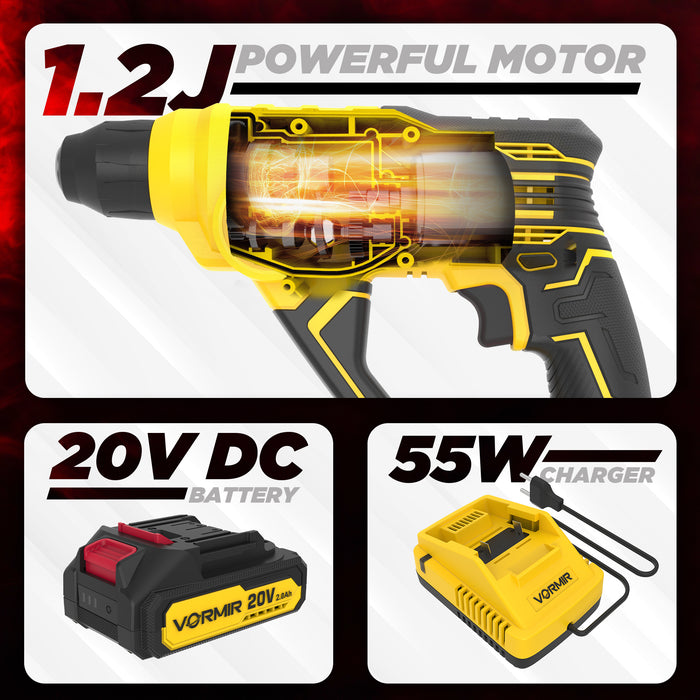 iBELL VORMIR VR CH21-10 20V Max Cordless Rotary Hammer Drill with 2.0Ah Li-Ion Battery & Fast Charger | SDS-Plus Hammer Drill Machine | 1.2J Impact Energy | 0–900 RPM, 0–5000 BPM | For Concrete, Steel, Wood|BMC