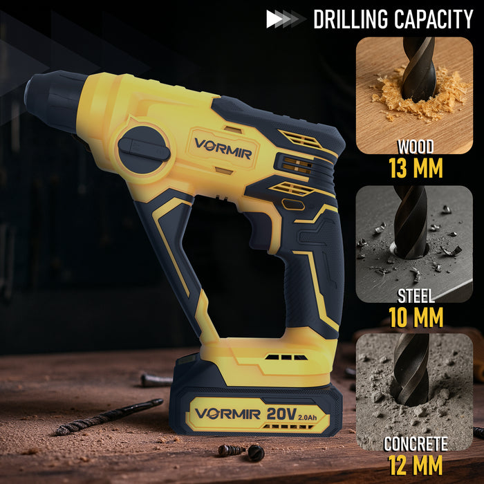 iBELL VORMIR VR CH21-10 20V Max Cordless Rotary Hammer Drill with 2.0Ah Li-Ion Battery & Fast Charger | SDS-Plus Hammer Drill Machine | 1.2J Impact Energy | 0–900 RPM, 0–5000 BPM | For Concrete, Steel, Wood|BMC
