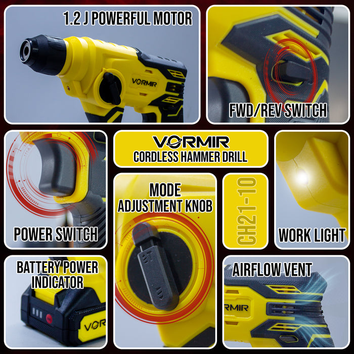 iBELL VORMIR VR CH21-10 20V Max Cordless Rotary Hammer Drill with 2.0Ah Li-Ion Battery & Fast Charger | SDS-Plus Hammer Drill Machine | 1.2J Impact Energy | 0–900 RPM, 0–5000 BPM | For Concrete, Steel, Wood|BMC