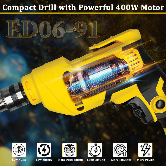 VORMIR VR ED06-91 Electric Drill, 400W, 2800 RPM, 10mm Chuck, Variable Speed, Forward/Reverse for Wood & Metal