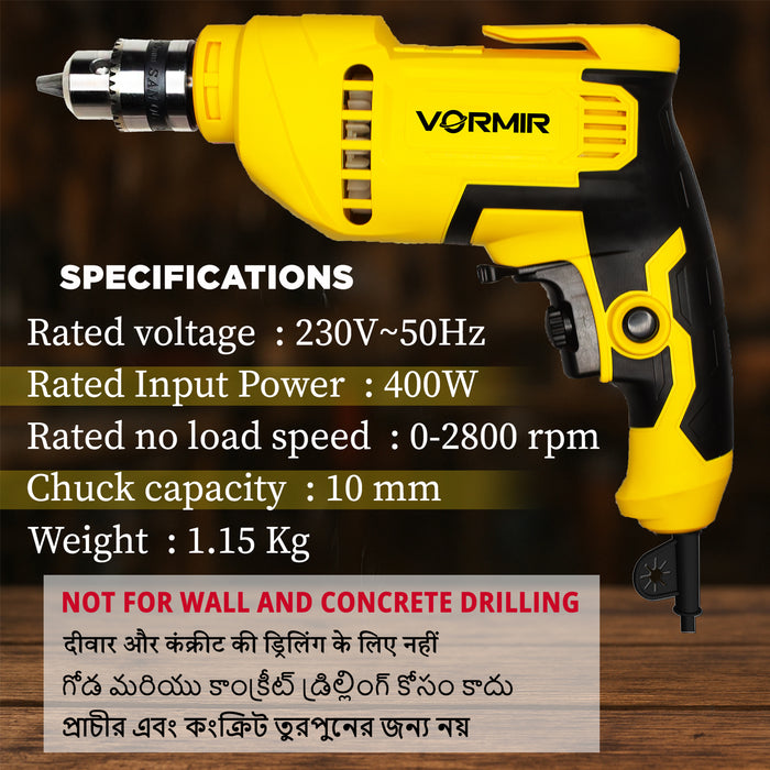 VORMIR VR ED06-91 Electric Drill, 400W, 2800 RPM, 10mm Chuck, Variable Speed, Forward/Reverse for Wood & Metal