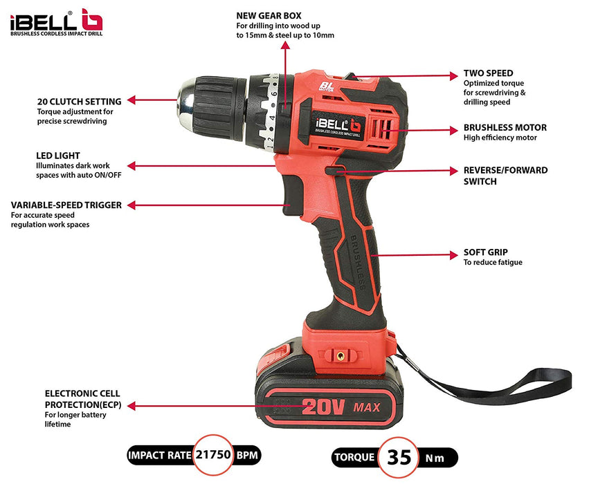 iBELL BM18-60 20V Brushless Impact Driver Drill (Cordless) with 2 Batteries, Charger, Case and Screw Driver Bits - 18Months Warranty.
