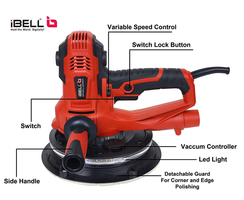 iBELL Dry Wall Sander DS80-90, 180MM, 800W, 1200-2300rpm with Vacuum and LED Light - 6 Months Warranty