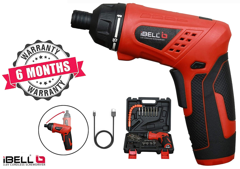iBELL MS06-16 Cordless Rechargeable Electric Screwdriver 3.6V, 1500mAh Lithium Ion Battery MAX Torque 3.5Nm, 2 Flexible Position and 16 Torque Setting, Front LED and Rear Flashlight- 6 Months Warranty