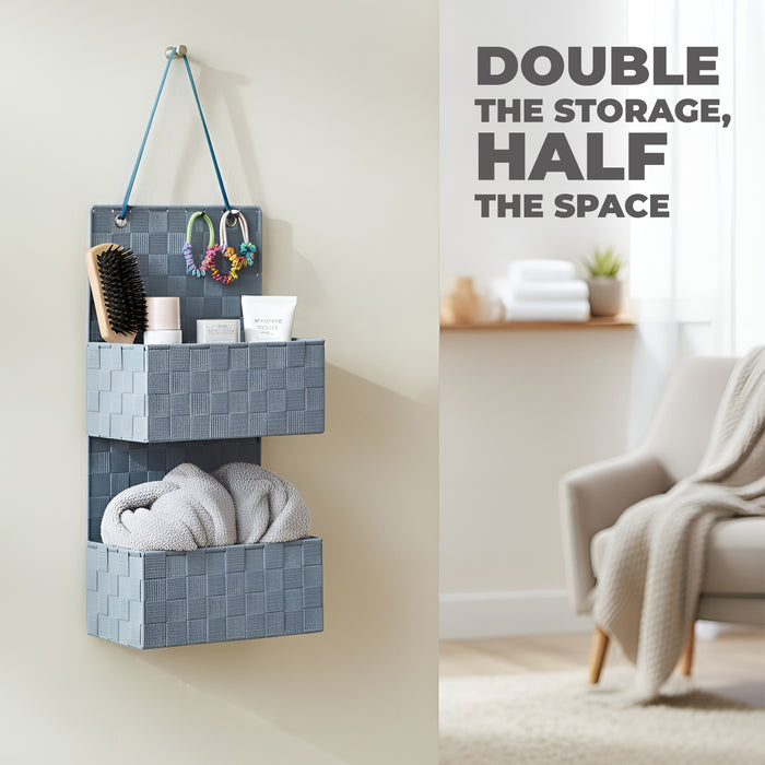 IBL 16-SB iBELL Nylon Hanging Storage Box for Clothes | Wardrobe Organizer | Cloth Storage Box | Pack of 2 | Blue Polka Dot Design