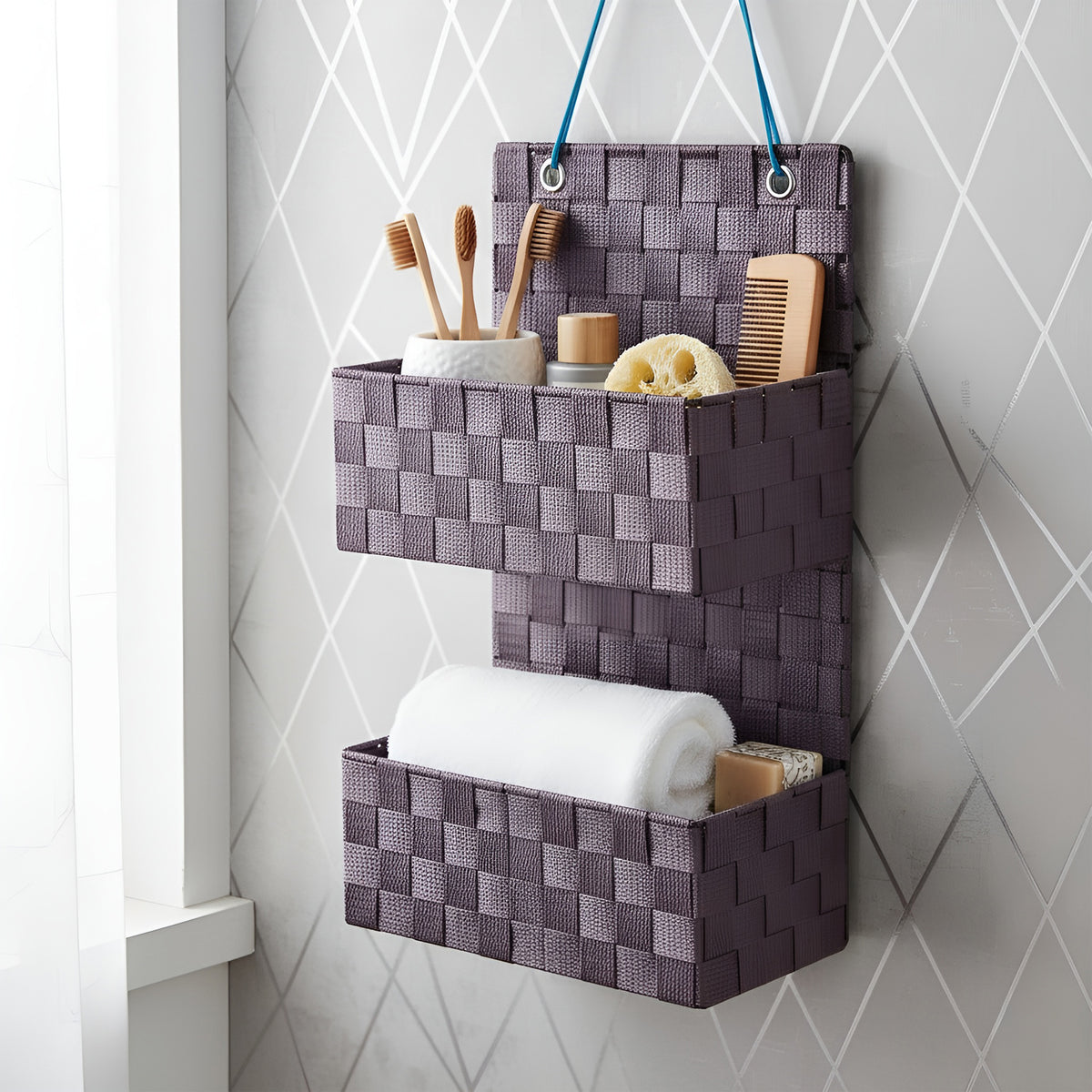 Material: Nylon Design: Hanging storage box Pattern: Purple Polka dots ...