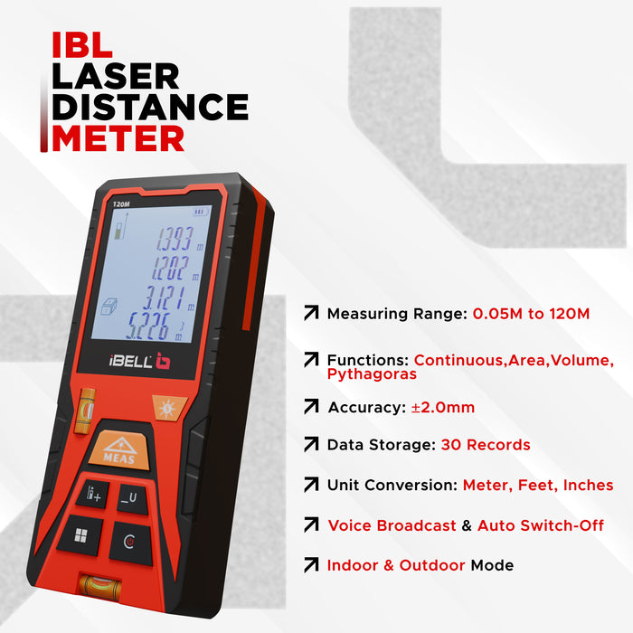 iBELL DM120-02 Laser Distance Meter 120M | Indoor & Outdoor | Max/Min, Continuous, Area, Volume, Pythagoras | Unit Conversion | 30 Data Records | Voice | Auto Off | Battery Included | Home & Professional