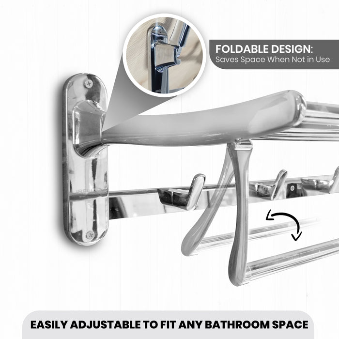 IBL 39-SS iBELL 57 cm (22.5-Inch) Classic Stainless Steel Folding Towel Rack for Bathroom | 90° Foldable Space-Saving Towel Stand | Towel Hanger | Bathroom Accessories