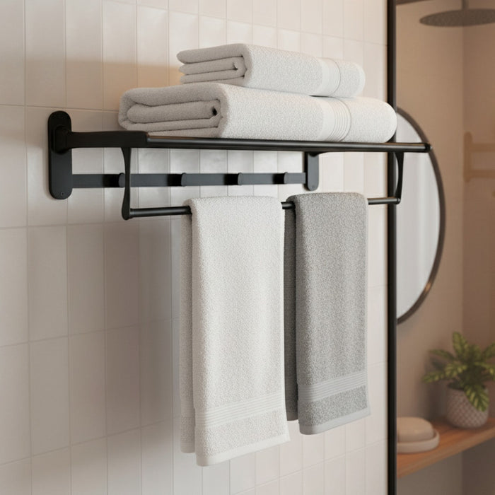 IBL 39-BS iBELL 57 cm (22.5-Inch) Black Stainless Steel Folding Towel Rack for Bathroom | 90° Foldable Space-Saving Towel Stand | Towel Hanger | Bathroom Accessories