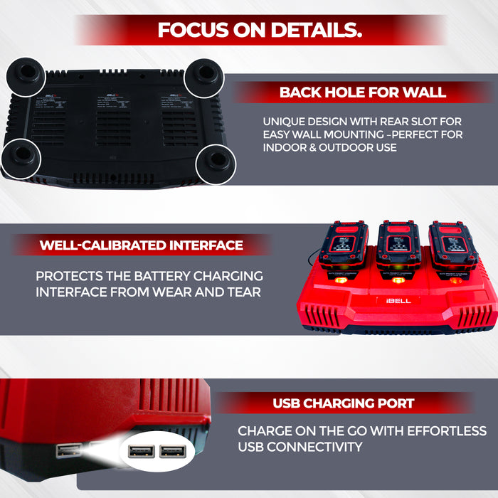 iBELL One Power Series Li-Ion Tri Charger |3 Slot 21V Battery Charger with USB Port| 65W Fast Charging | 3A Output | AC 100-240V~ 50/60Hz Input | Priority Sequential Charging | Compatible with iBELL One Power Series Batteries