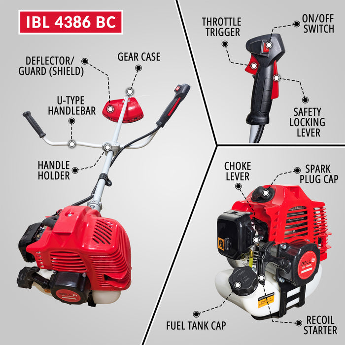iBell Brush Cutter 4386BC 42.7cc 2-Stroke Gasoline Engine - 2KW Power, 2.8HP, 3000±200 RPM Idle, 7000 RPM Max - Ideal for Power Tools, Garden Equipment