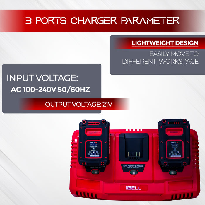 iBELL One Power Series Li-Ion Tri Charger |3 Slot 21V Battery Charger with USB Port| 65W Fast Charging | 3A Output | AC 100-240V~ 50/60Hz Input | Priority Sequential Charging | Compatible with iBELL One Power Series Batteries