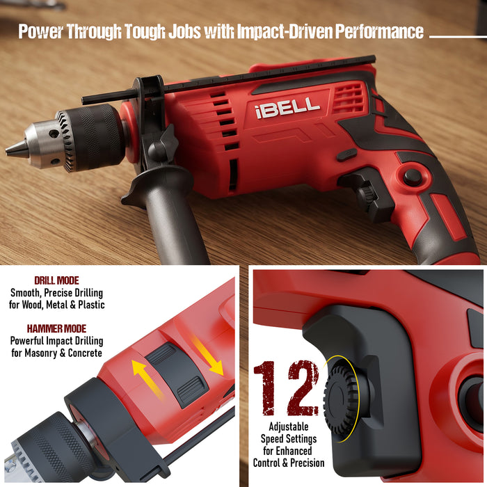 IBELL Professional 500RE Impact Drill Tool Kit | 650W Copper Motor | 13mm Chuck | 101-Piece Home & DIY Accessories Set | Variable Speed up to 2800 RPM | Durable Carry Case- 24 Months Warranty