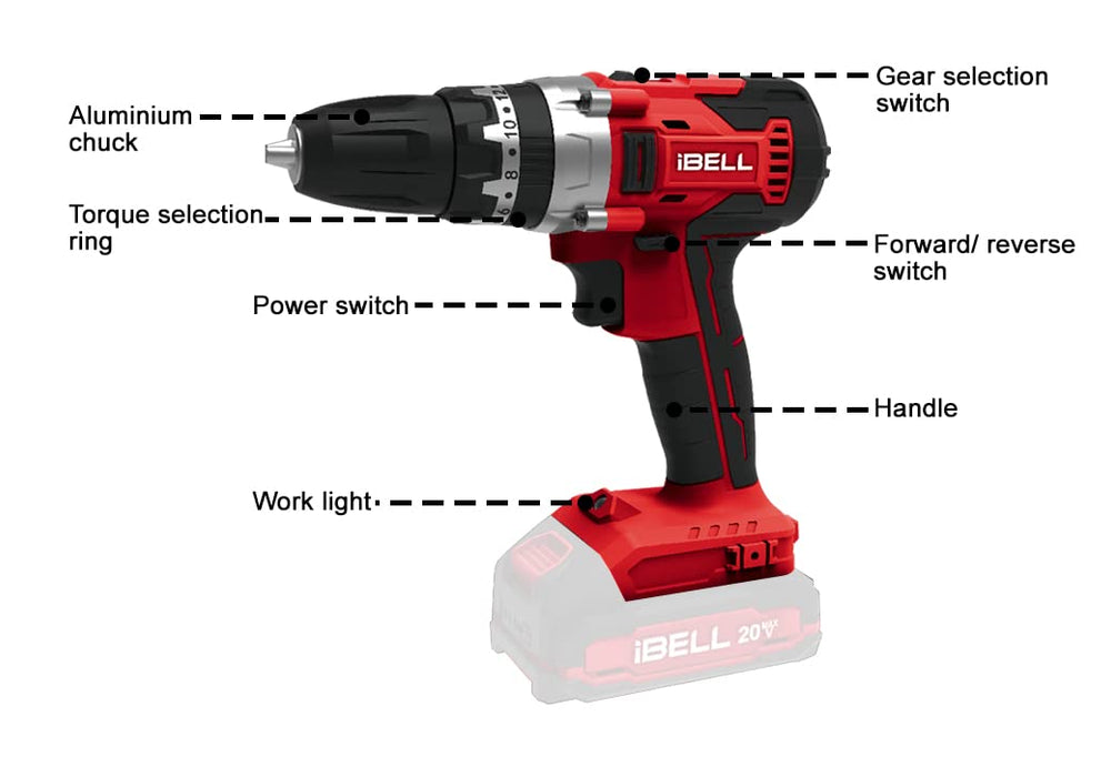 IBELL One Power Series Cordless Impact Drill CD20-30 20 volts 30Nm 1450RPM, 20 Watts (Battery & Charger not included), Red  with 6 months warranty