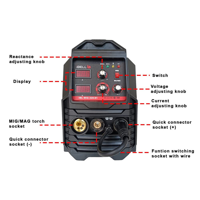 IBELL Digital MIG-220-81 MIG/MAG/MMA Welder,220Amp,220V, Gas Gasless MIG/MAG/MMA 3 in 1 Multiprocess Welder- 1 Year Warranty