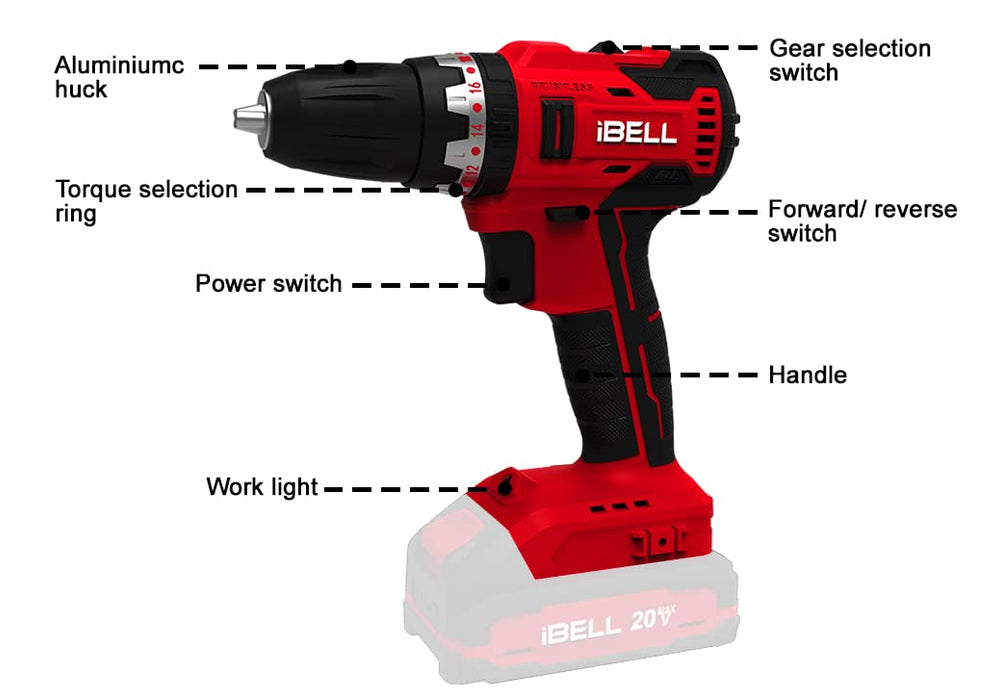 IBELL One Power Series Cordless Impact Drill Brushless BD20-38 20 volts, 0.375 inches 38Nm (Battery & Charger not included), Red