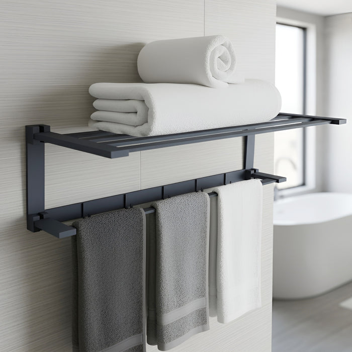 IBL 55-GS iBELL Heavy Duty 59 cm (23.2-Inch) Stainless Steel Bathroom Towel Holder | Folding Towel Rack for Bathroom | Towel Holder for Bathroom | Towel Stand for Bathroom with Shelf - Dark Grey