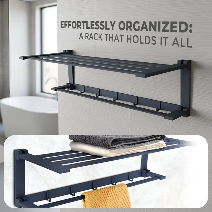 IBL 55-GS iBELL Heavy Duty 59 cm (23.2-Inch) Stainless Steel Bathroom Towel Holder | Folding Towel Rack for Bathroom | Towel Holder for Bathroom | Towel Stand for Bathroom with Shelf - Dark Grey