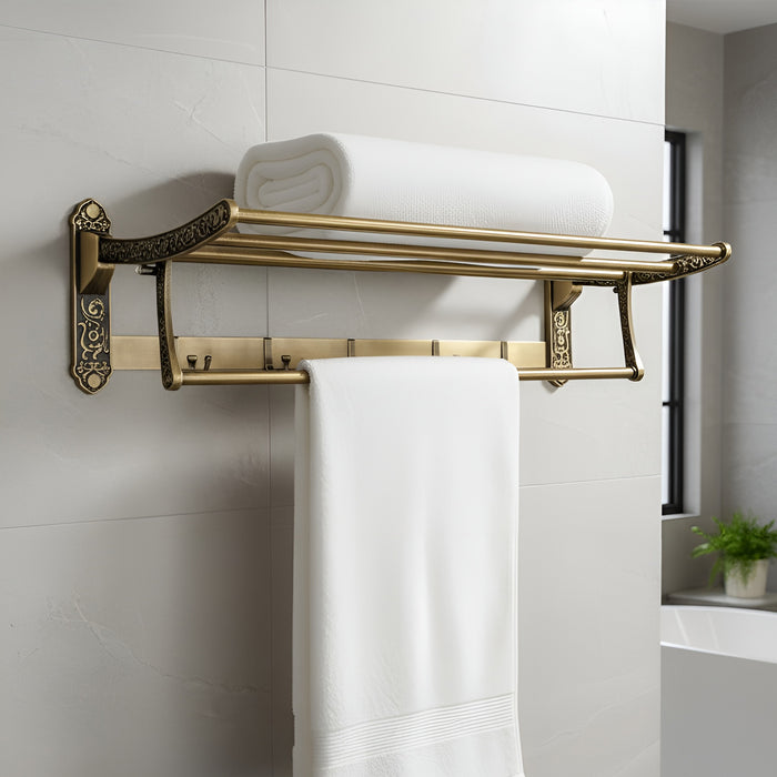 IBL 55-AS iBELL 60 cm (23.6-Inch) Golden Antique Stainless Steel Folding Towel Rack for Bathroom | 90° Foldable Space-Saving Towel Stand | Towel Hanger | Bathroom Accessories