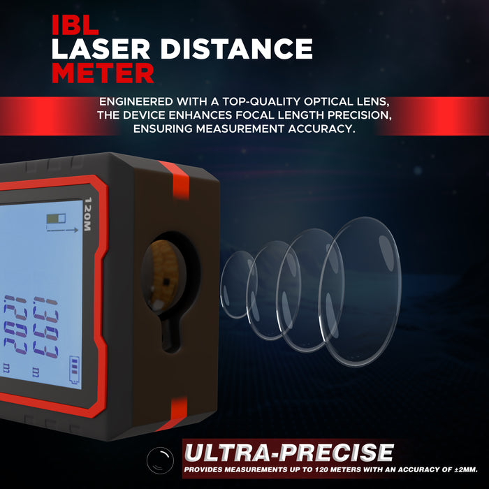 iBELL DM120-02 Laser Distance Meter 120M | Indoor & Outdoor | Max/Min, Continuous, Area, Volume, Pythagoras | Unit Conversion | 30 Data Records | Voice | Auto Off | Battery Included | Home & Professional