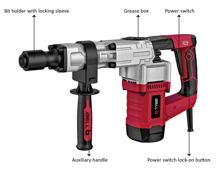 IBELL Demolition Hammer DH20-30, 6.5Kg, 1300W, Copper Armature, Impact 3700/min, Energy 16J, Chuck capacity 17mm Hex, with Anti vibration control handle