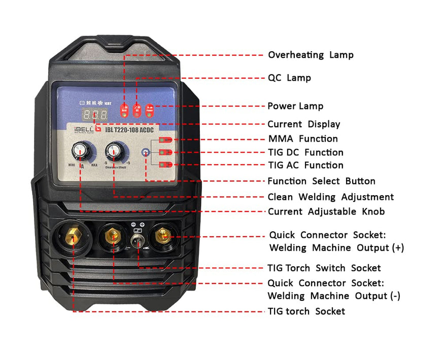 iBELL AC/DC TIG-MMA Inverter Welding Machine T220-108, 220A, 220V, IGBT, Anti Stick, with 10nos Tungsten Rods & All Accessories Included - 1 Year Warranty