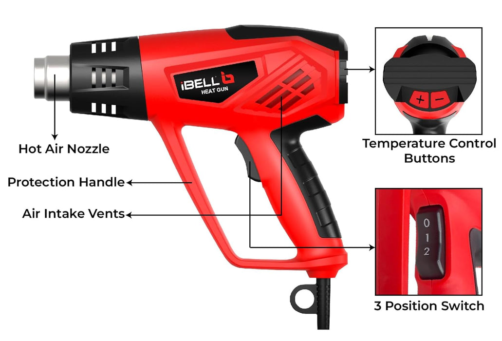 IBELL HG20-98 Heat Gun with 4 Nozzles, 2000W, 12 Temperatures 50 °C to 600 °C, Dual Air Flow 250 | 550 L/min