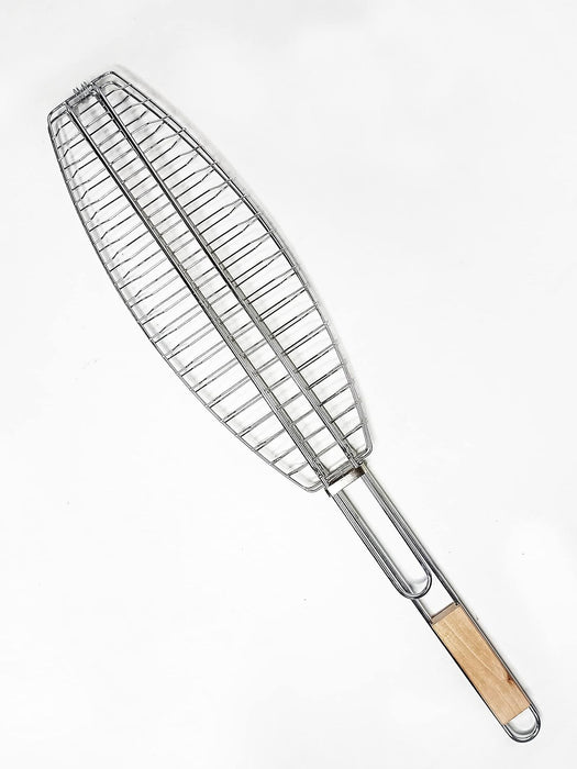 iBELL CB-17A Stainless Steel BBQ Fish Grill Net Basket | Portable Barbecue Grilling Tray with Wooden Handle | Folding Clip Design for Grilling Fish, Meat & Veggies – Silver