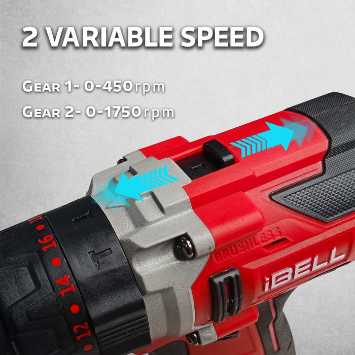 iBELL BD20-80 One Power Series 20V Cordless Impact Drill Brushless | Max 80Nm Torque | 1750 RPM Speed | 13mm Heavy-Duty Metal Keyless Chuck | 20+3 Clutch Settings | LED Light | 2Ah Battery in BMC Box