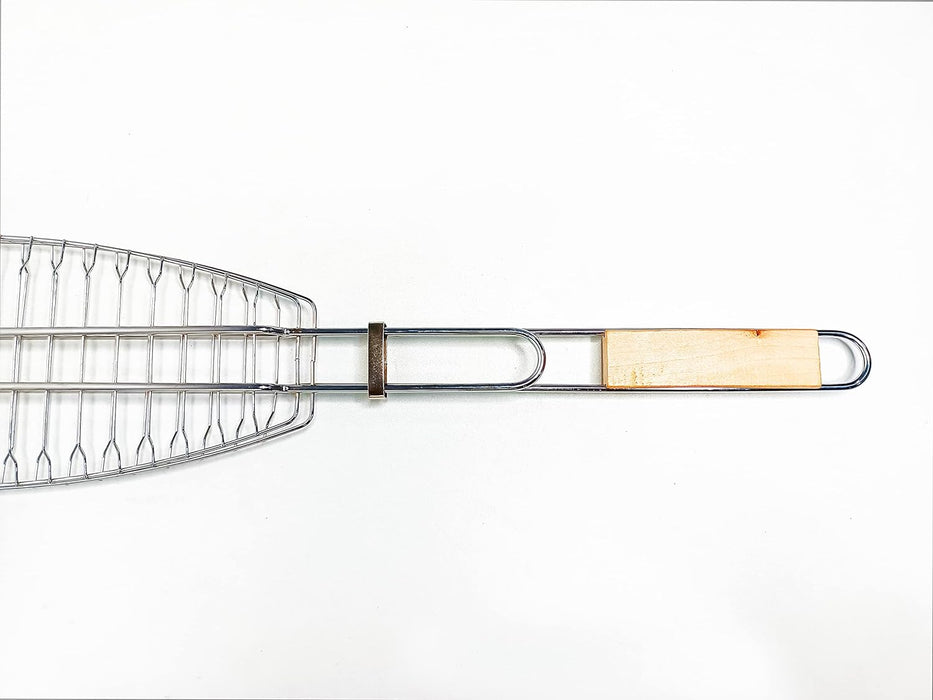 iBELL CB-17A Stainless Steel BBQ Fish Grill Net Basket | Portable Barbecue Grilling Tray with Wooden Handle | Folding Clip Design for Grilling Fish, Meat & Veggies – Silver