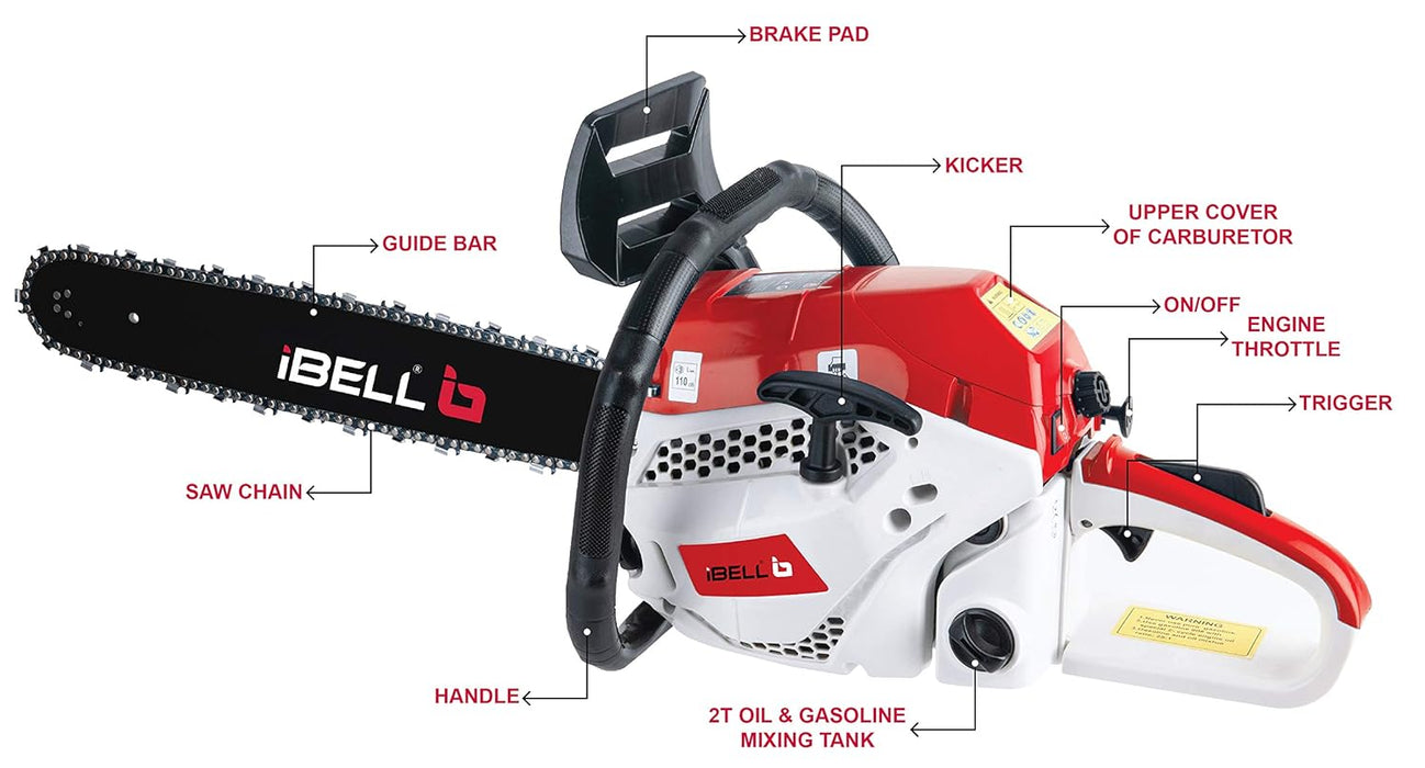 iBELL 2058CS, 18" 58CC Powerful 2 Stroke Handed Petrol Chain Saw, Woodcutting Saw for Farm, Garden and Ranch with Tool Kit - 6 Months Warranty