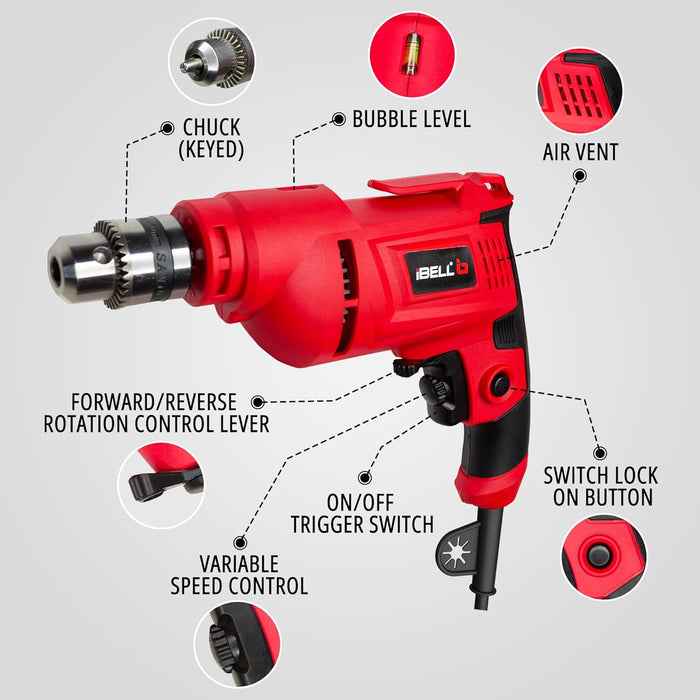 IBELL Electric Drill R1, 400W, Copper Armature, 2800 RPM, Chuck 10 mm Forward/Reverse for Wood & Metal Work with Variable Speed Control