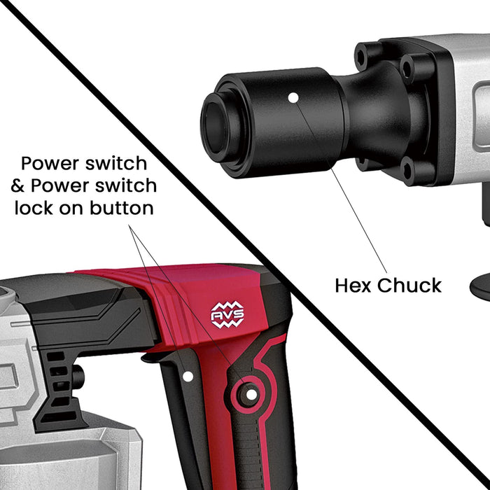 IBELL Demolition Hammer DH20-30, 6.5Kg, 1300W, Copper Armature, Impact 3700/min, Energy 16J, Chuck capacity 17mm Hex, with Anti vibration control handle