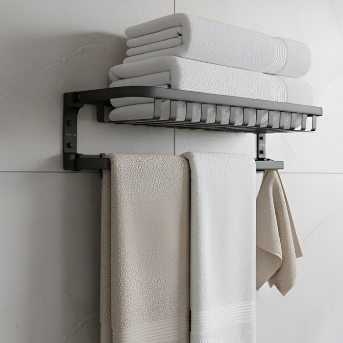 IBL 77-GS iBELL 59 cm (23.2-Inch) Stainless Steel Bathroom Towel Holder | Folding Towel Rack for Bathroom | Towel Holder for Bathroom | Towel Stand for Bathroom with Shelf - Matt Black
