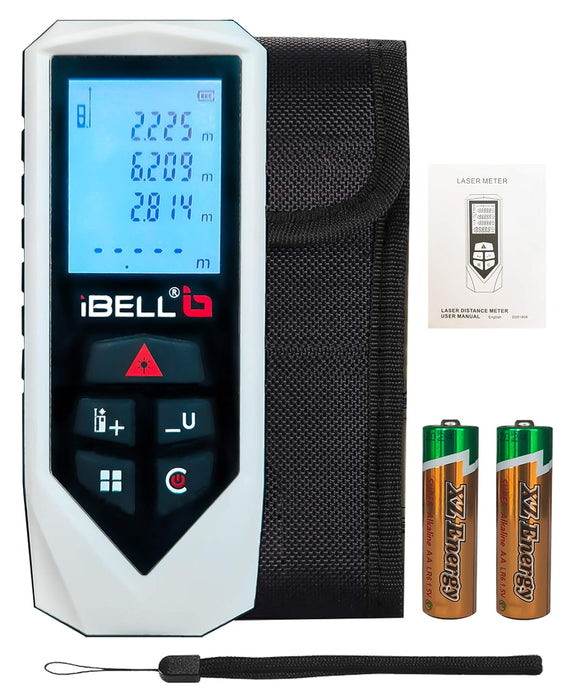 IBELL DM60-01 Classic Laser Measure 196Ft/60M Mute Laser Distance Meter with Backlit LCD and Pythagorean Mode, Area and Volume, Battery, Pouch and Hand Strap Included